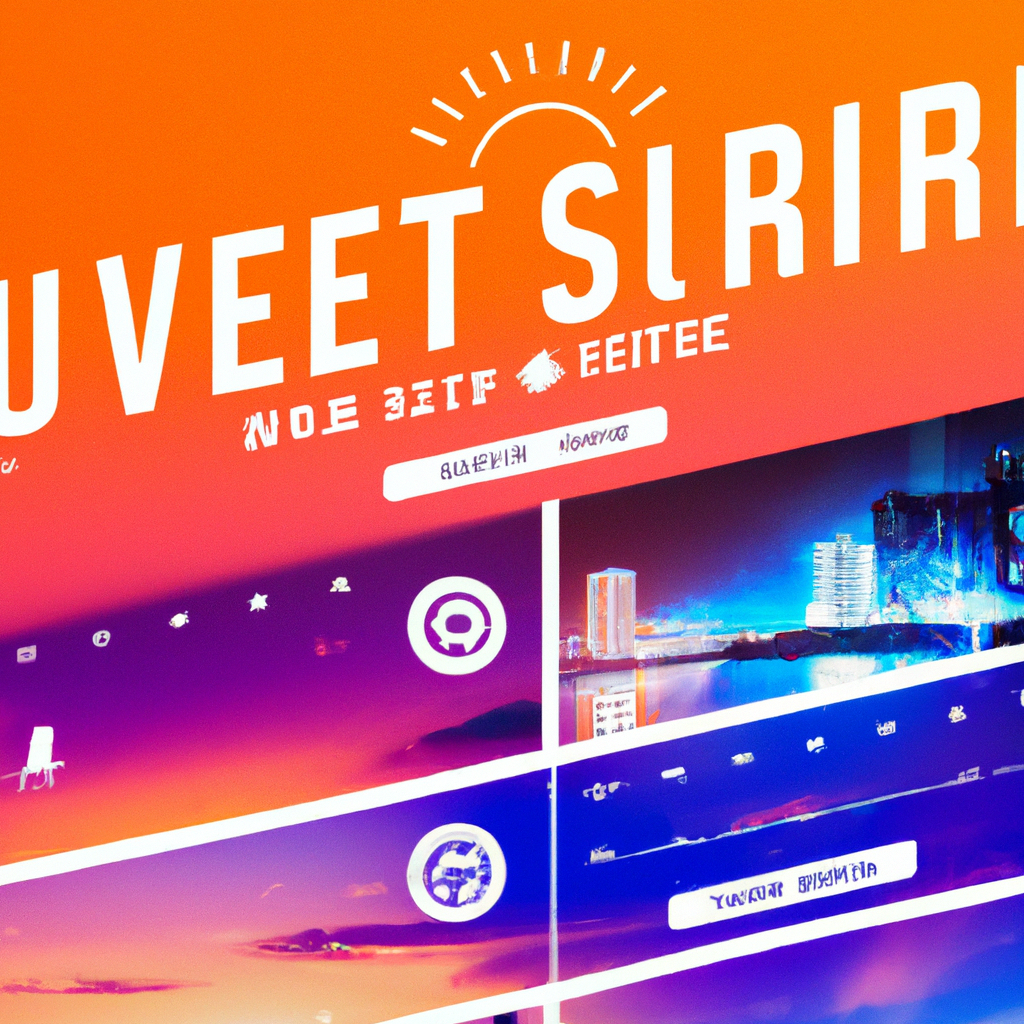 Sunset coastal city with playful neon overlays indicating routes and badges