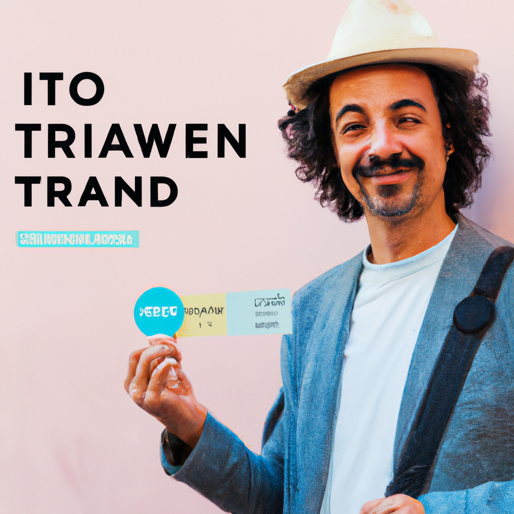 Traveler holding a small paper badge in front of a pastel building